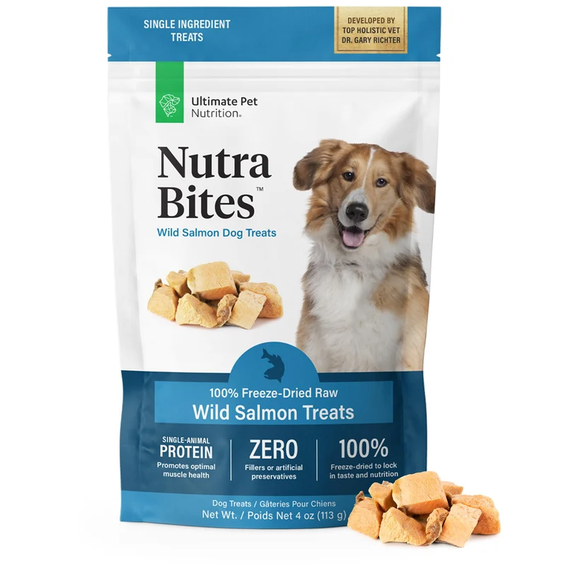ULTIMATE PET NUTRITION Nutra Bites Saumon – Friandises Lyophilisées à Protéine Unique pour Chiens, 4 oz (113 g)