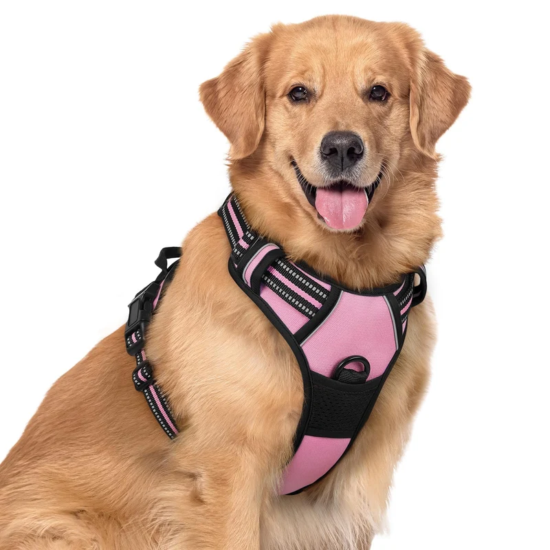rabbitgoo Harnais anti-tirage pour chien XL (rose) – 2 clips de laisse, rembourré, réfléchissant, sans étranglement