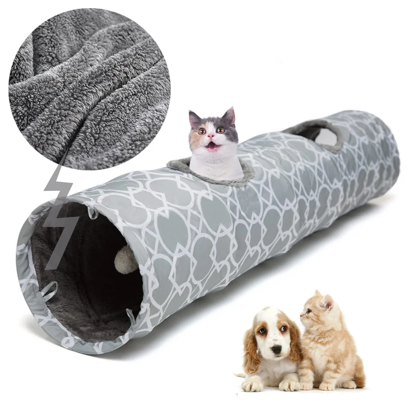 LUCKITTY Tunnel Chat Géométrique Droit avec Peluche – Longueur 120 cm, Ø25 cm