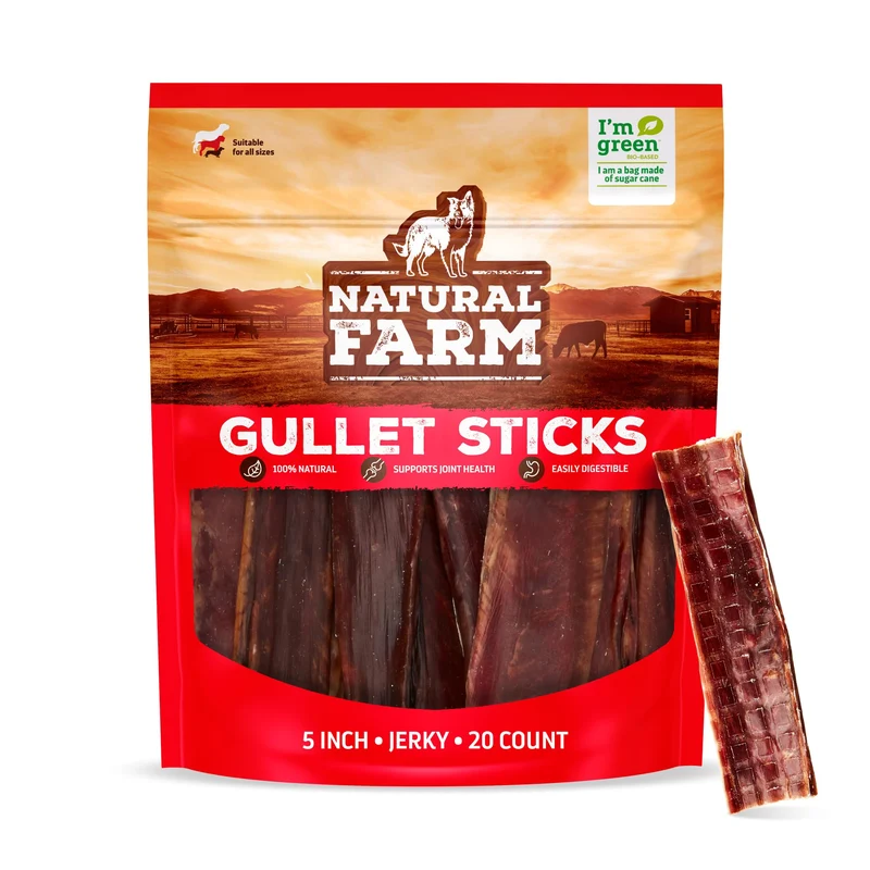 Natural Farm Bâtons Goulet Boeuf – 5 po, 20 paquets, Boeuf nourri à l’herbe, Glucosamine & Chondroïtine, Saveur riche