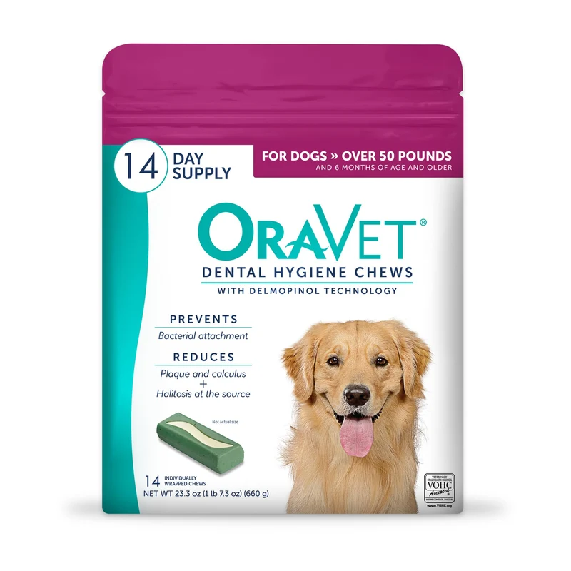 ORAVET Friandises Dentaires pour Chiens Gros (50 lb et plus) – Hygiène Buccale, Poche Rose, 14 Friandises