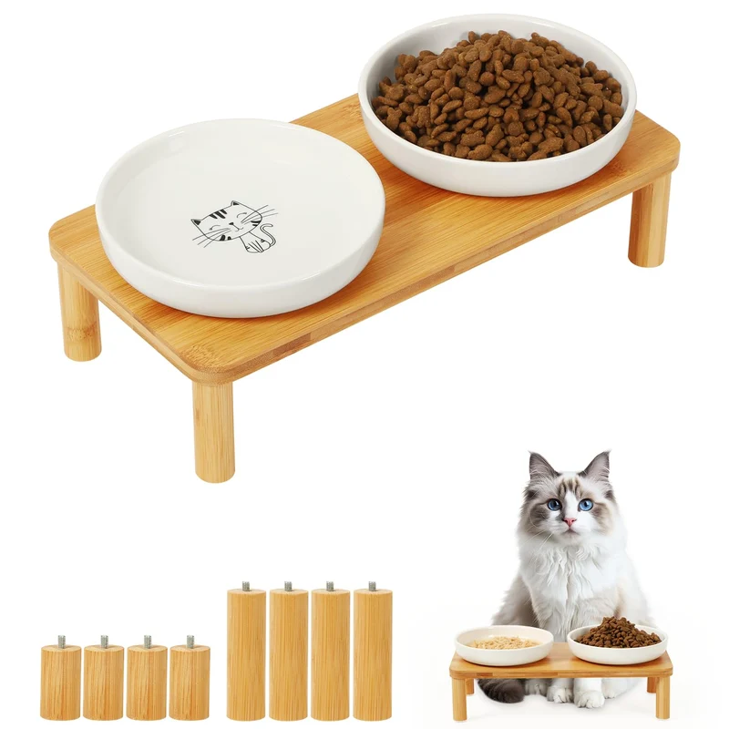 DoogCat Gamelles surélevées pour chats d'intérieur – Table en bambou avec 2 bols en céramique, hauteur réglable