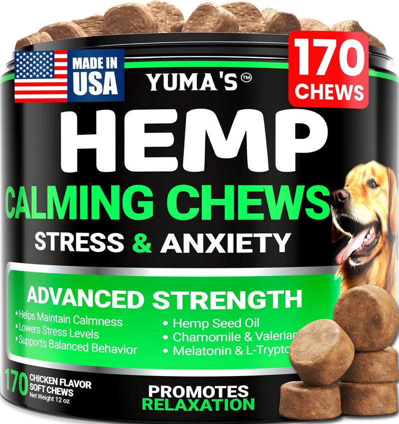 YUMA'S Friandises Calmantes au Chanvre pour Chiens — 170 Bouchées, Aide au Stress et à la Séparation, Fabriqué aux États-Unis