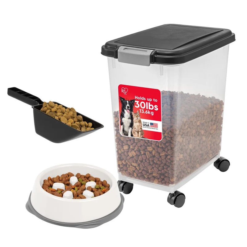 IRIS USA Bocal étanche pour nourriture de chien – Ensemble doseur 2 tasses et bol lent anti-glissement, jusqu’à 30 lb, sans BPA, noir