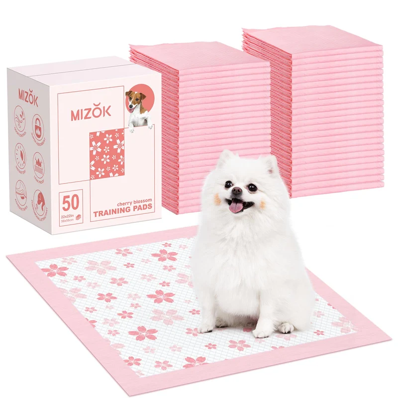 MIZOK Couches absorbantes pour chiots 22x22 – Design cerisier rose, 6 couches, absorption standard, paquet de 50 pièces