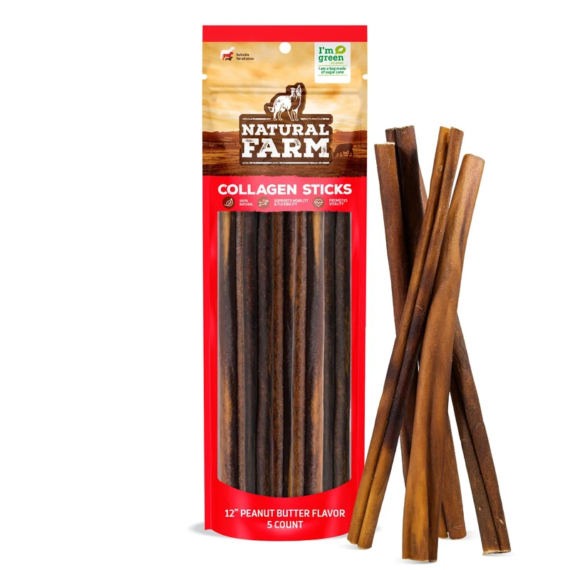 Natural Farm Bâtons de collagène au goût beurre de cacahuète – Chiens (12 pouces, lot de 5)