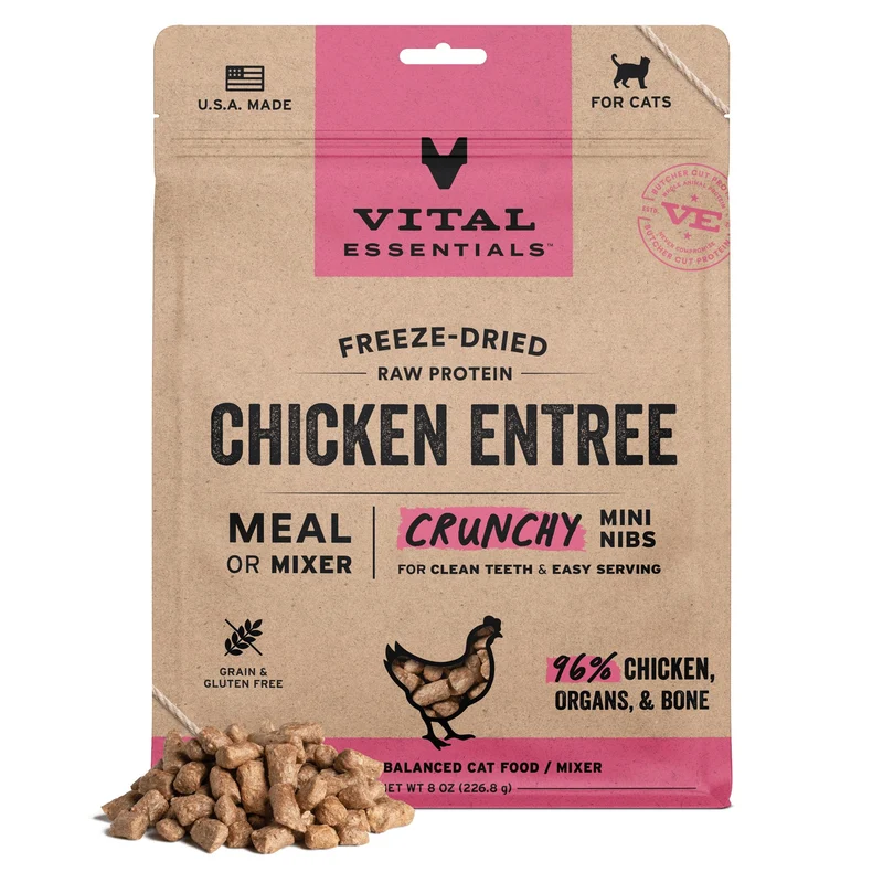 Vital Essentials - Nourriture pour chat lyophilisée au poulet - Mini bouchées croustillantes | Repas complet ou topping | 96% poulet, organes et os | Sans céréales | 8 oz