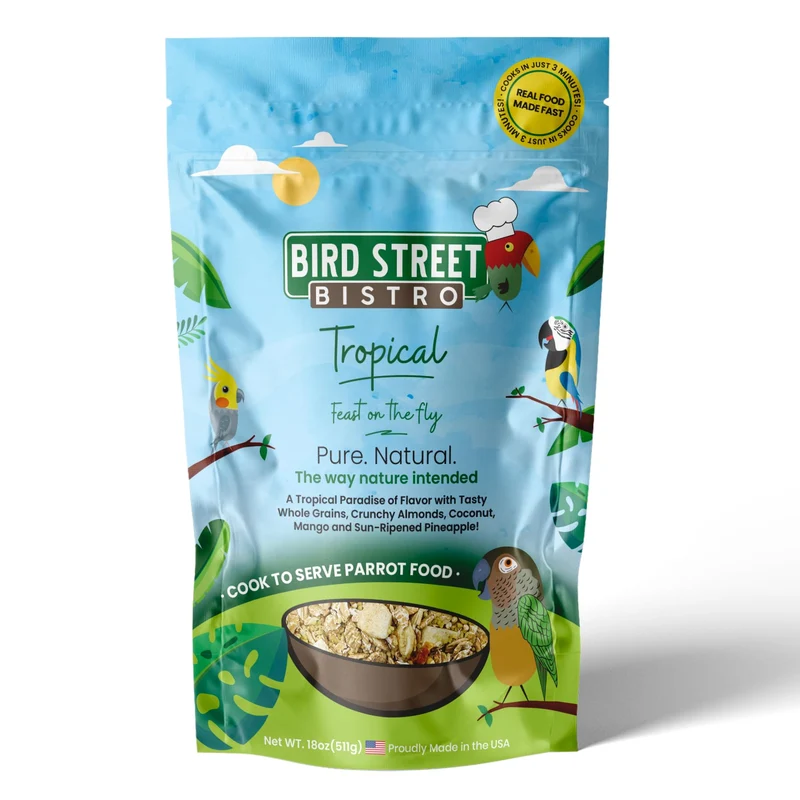 Bird Street Bistro Nourriture pour perroquets et perruches – Tropicale, 18 oz – Cuisson 3–15 min – Fabriqué aux États-Unis