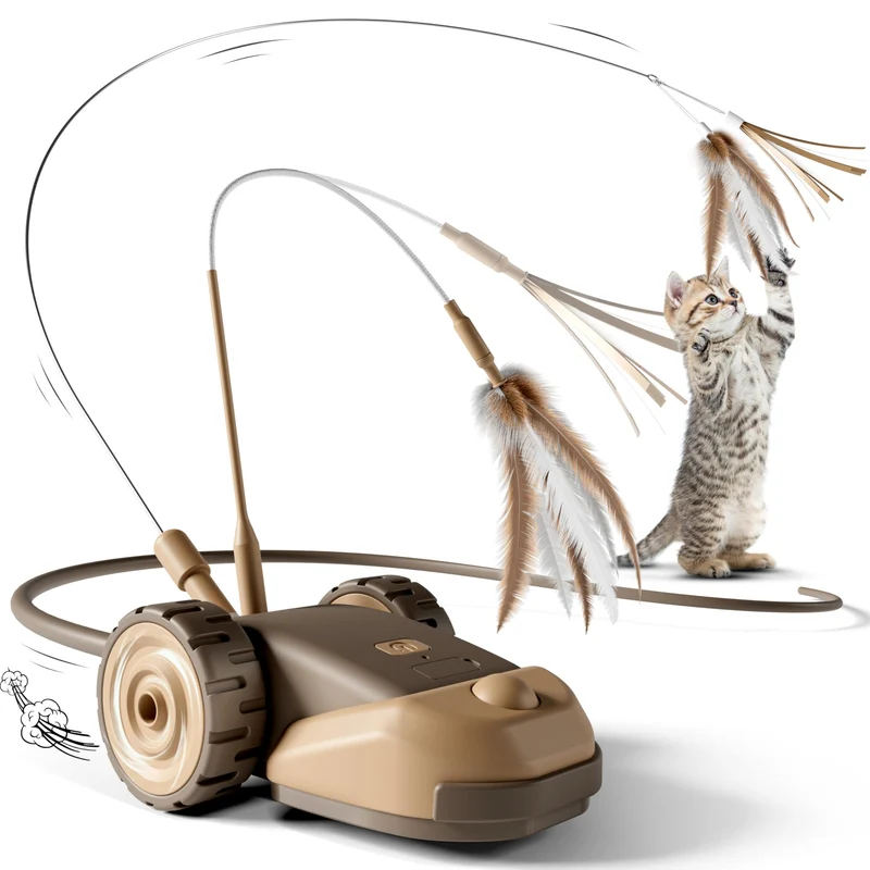CYROS 3-en-1 Jouet Chat Interactif – Souris Automatique à 2 Vitesses, Plumes et Queue en Silicone