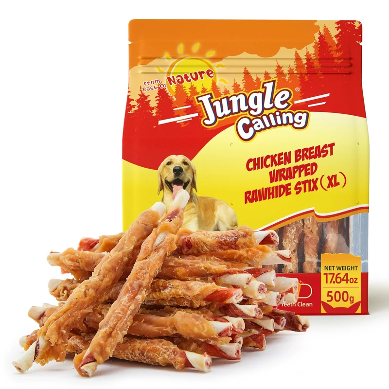 Jungle Calling Friandises pour Chiens – Bâtonnets poulet enveloppés en cuir brut, 35 pièces, 5 po, sans céréales