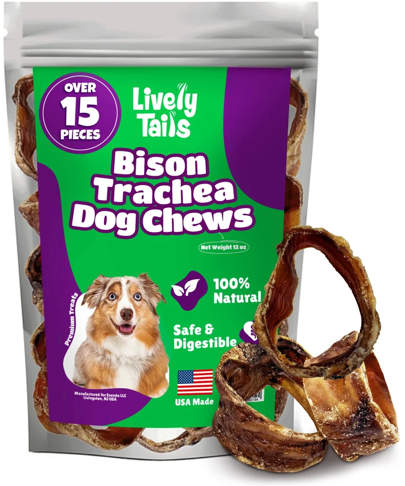 Lively Tails Trachea pour Chiens – Lot de 15 Friandises de Trachée de Bison, Naturelles, Glucosamine et Chondroïtine, Sans Céréales, Faible Teneur en Matières Grasses, Sans Cuir Brut, Sac de 340 g
