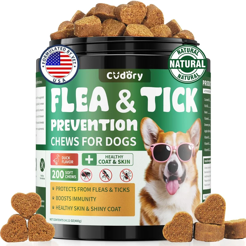 Cudory – Friandises Prévention Puces et Tiques pour Chiens – 200 bouchées molles, soutien peau et pelage – Saveur canard naturelle