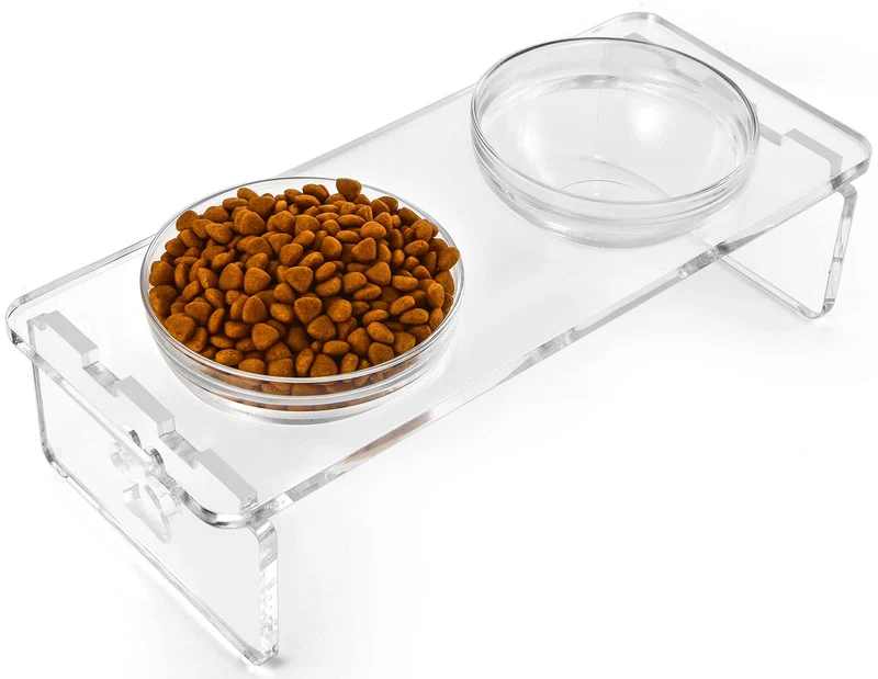 Feoyoho – Ensemble de gamelles surélevées en acrylique avec 2 bols inox et 2 bols verre – Pour petits chiens et chats