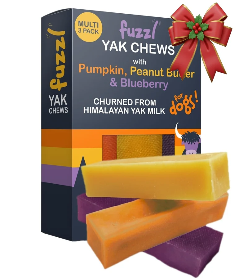 Fuzzl Friandises Yak au Fromage — Myrtille, Beurre de Cacahuète et Citrouille – Pack Moyen 3
