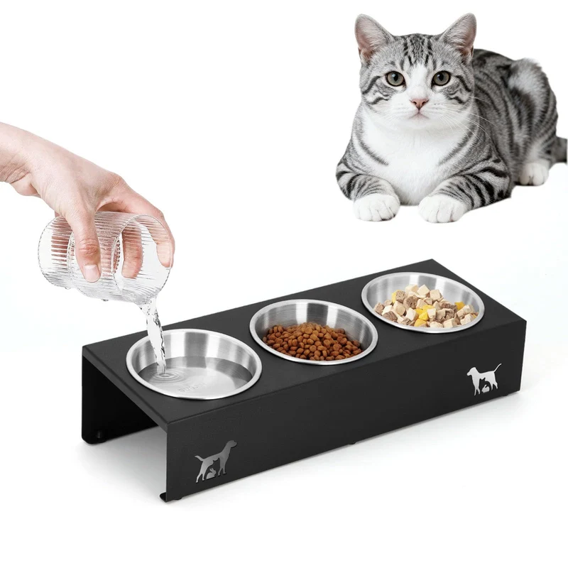 LYCC – Gamelles chat surélevées à 15° en inox 304 — Ensemble 3 bols avec base antidérapante