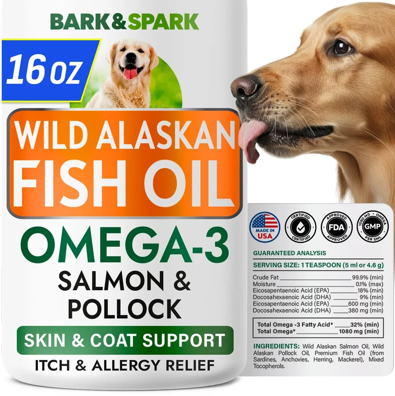 BARK&SPARK Omega 3 Poisson pour Chiens — Huile Saumon d’Alaska + Pollock, EPA+DHA, Santé Peau & Pelage