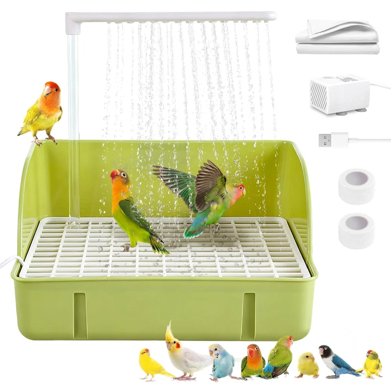 DINTSTYLE Baignoire pour Perroquet — Fontaine de Douche Automatique, Bain d’Oiseau USB, Vert