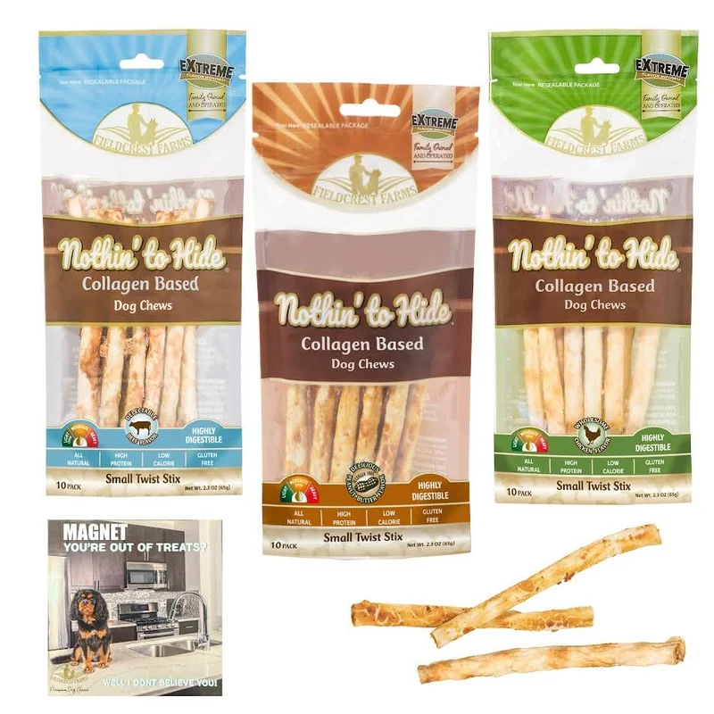 Fieldcrest Farms Rien à cacher Twist Stix – Bâtonnets naturels sans peau pour chiens – Pack 3 (Poulet, Boeuf, Beurre de cacahuète) Friandises premium faciles à digérer
