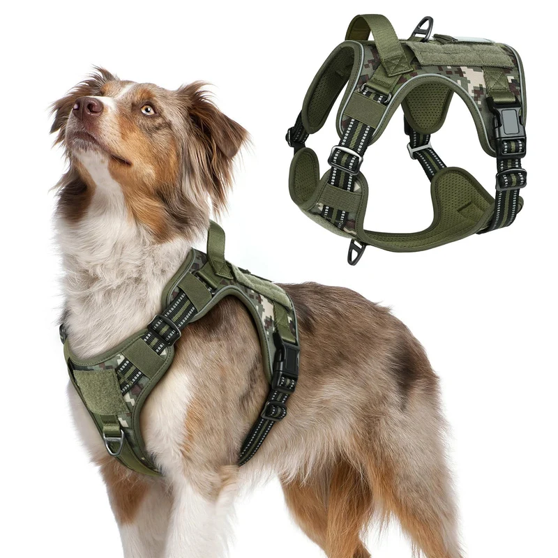 Rabbitgoo Harnais Tactique Chien Moyen – Anti-Traction, Poignée et MOLLE, Bandes Réfléchissantes, Camouflage Vert, Taille M