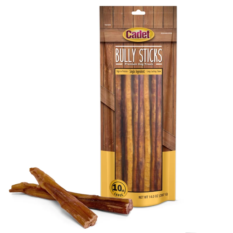 Cadet Bully Sticks pour Chiens Grands — Boeuf 100% Pizzle, Sans Rawhide, Longue Durée, 10 Pièces