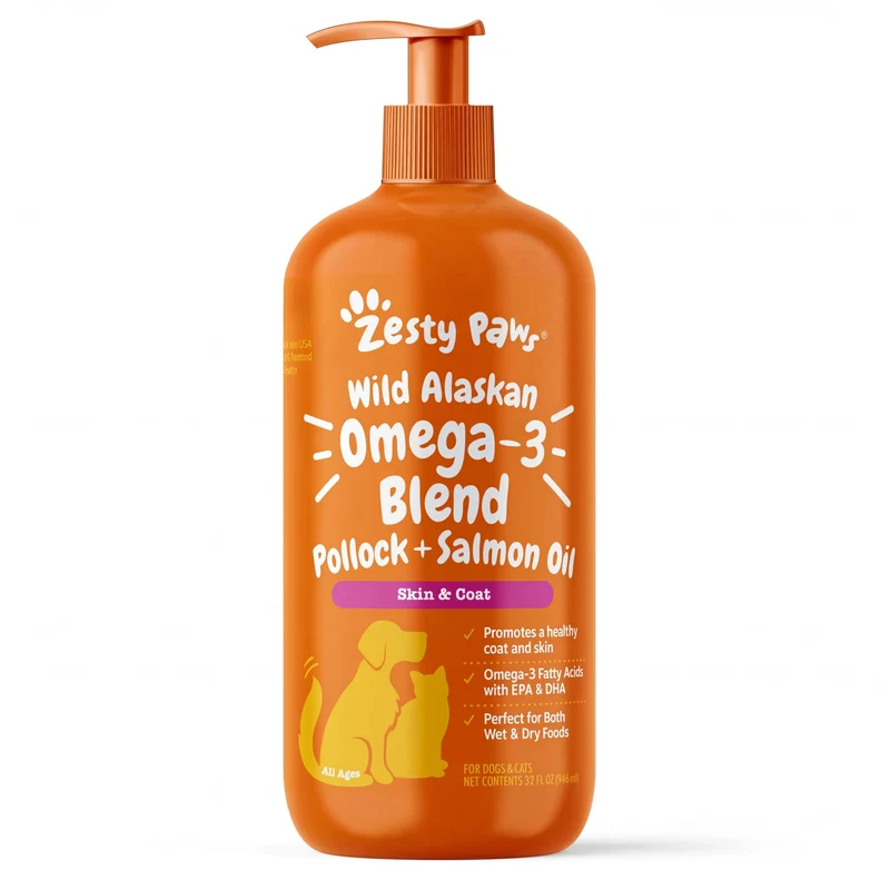 Zesty Paws Huile Oméga-3 Alaska Sauvage – Mélange Pollock + Saumon pour Chiens et Chats, Soutien Peau & Pelage, Complément Oméga-3, 32 oz