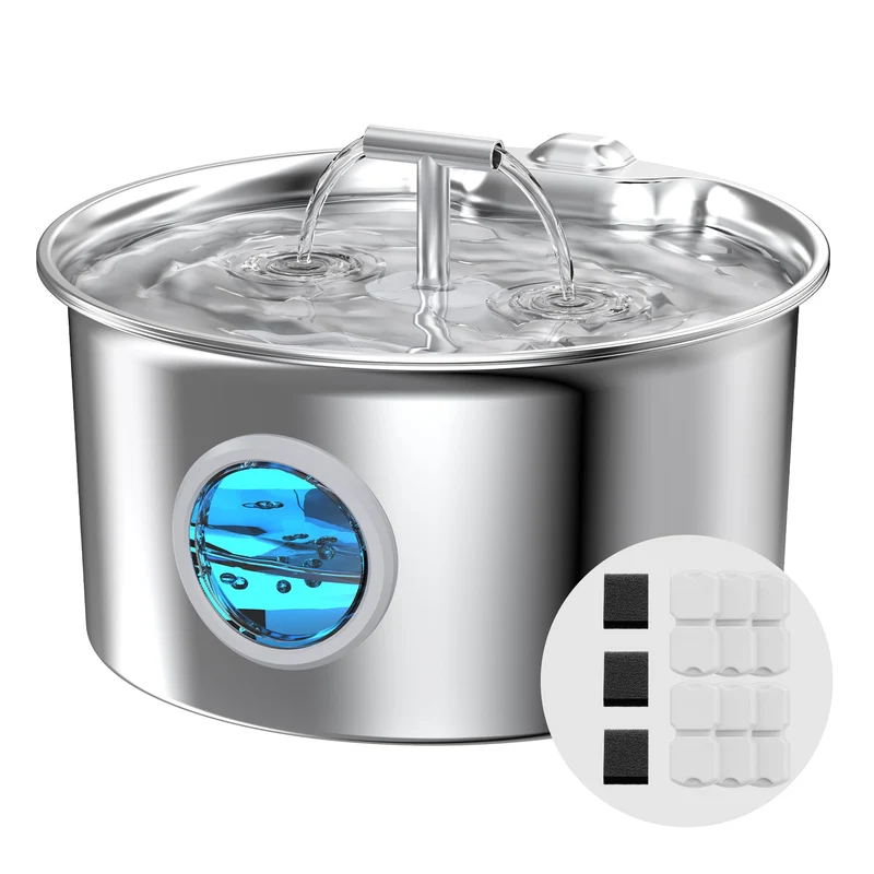 UMOCUOY Fontaine pour Chats en Acier Inox 304 – Eau Fraîche et Silencieuse avec 9 Filtres