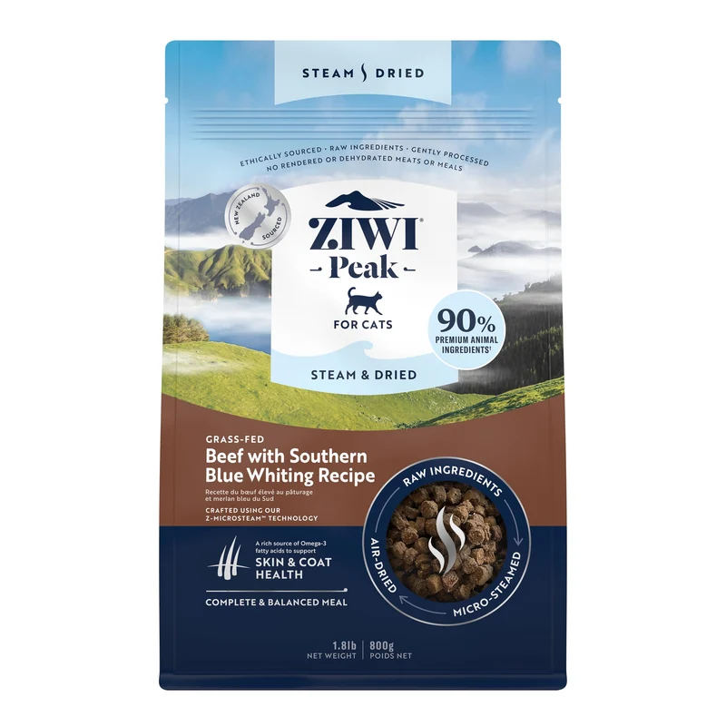 ZIWI Peak Alimentation Chat Cuisson Vapeur et Séchée – Bœuf avec Poisson Merlu Bleu du Sud, Haute Protéine, Santé Peau et Pelage, Faible Teneur en Glucides, Tous Âges (28.8 oz)