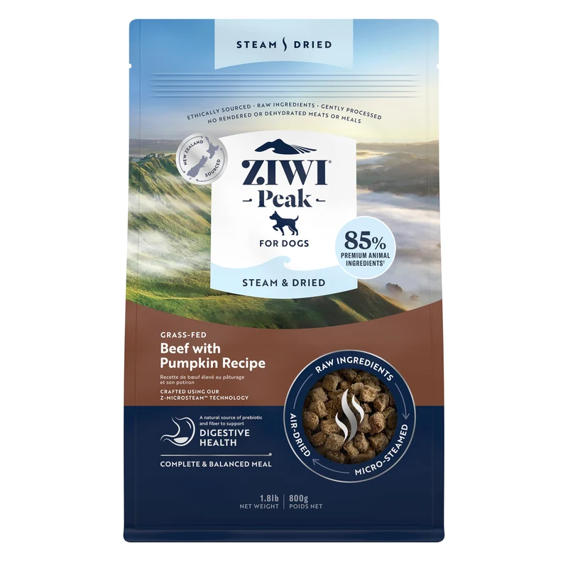 ZIWI Peak Steam & Dried – Boeuf nourri à l'herbe et Citrouille, Haute Protéine, Faible Glucides, Toutes races et tous âges