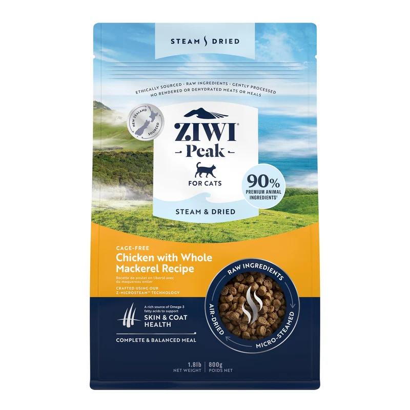 ZIWI Peak Steam & Dried Chat – Poulet Sans Cage avec Maquereau Entier – Haute Protéine, Soin Peau et Poil, Faible Teneur en Glucides, Tous les Stades (28,8 oz)