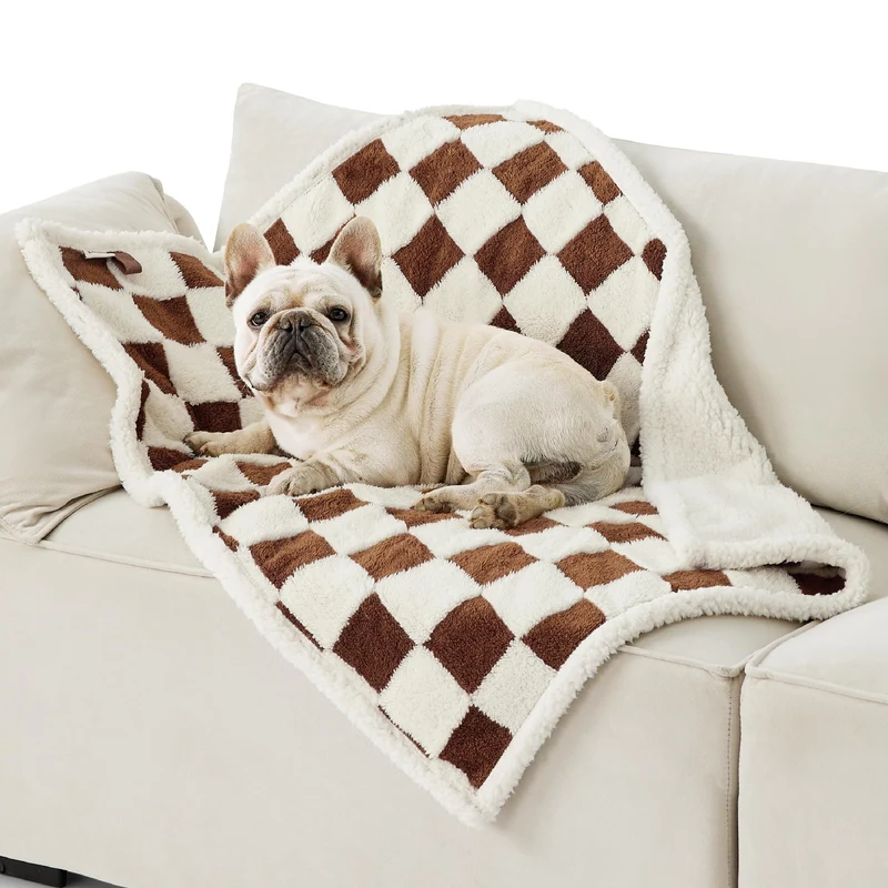 LE SURE - Couverture étanche pour chien moyen, double face; sherpa + jacquard, protection canapé - brun