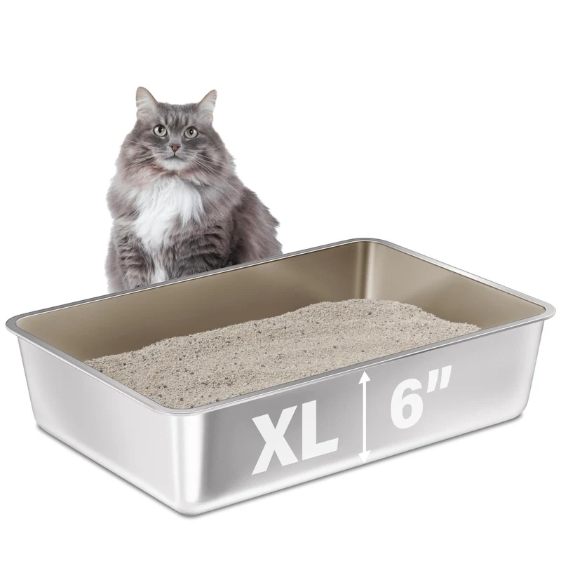 FUTAM Bac Litière en Acier Inox Extra Large — 23,6 x 15,7 x 6 pouces, rebords hauts et surface antiadhésive