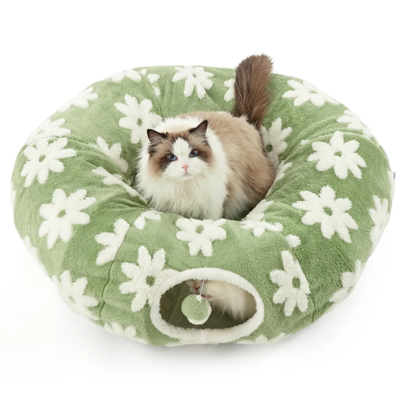 LE SURE Tunnel pour Chat Intérieur 2-en-1 | Lit Donut Douillet avec Coussin Lavable - Vert Jardin Floral