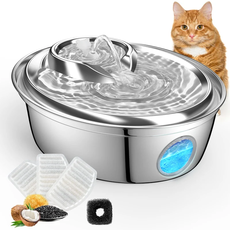 ORSDA Fontaine d'eau pour chats et petits chiens – Acier inoxydable 2 L, 4 filtres, 2 modes de flux