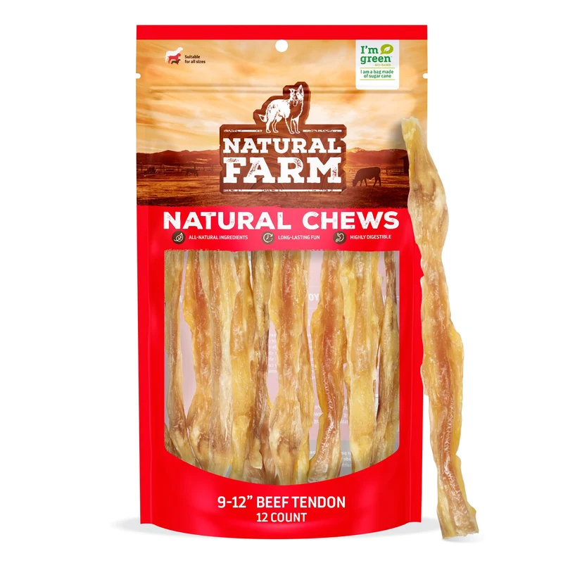 Natural Farm Tendons de Bœuf Extra-Épais (9–12 po) – Lot de 12 – Soutien des articulations et Santé dentaire pour chiens – Fabriqué et emballé au Brésil