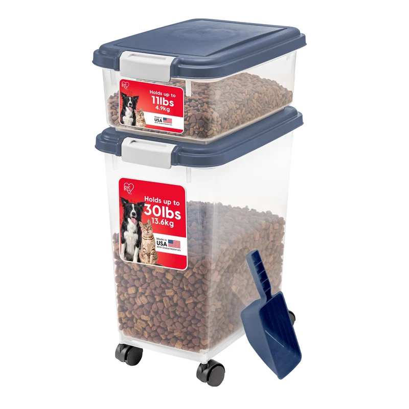 IRIS USA Ensemble de rangement pour nourriture animale – Contenants hermétiques 30 lb et 11 lb, sur roues, bleu marine