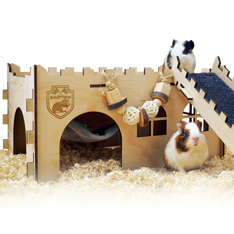SoulThink Grand Château en Bois pour Cochon d’Inde – Hamac et Rampe