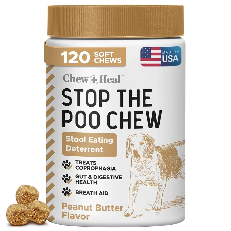 No Poo Chews pour chiens – 120 bouchées souples Saveur beurre de cacahuète | Chew + Heal Labs | Dissuasion coprophagie et soutien digestif – Fabriqué aux États‑Unis