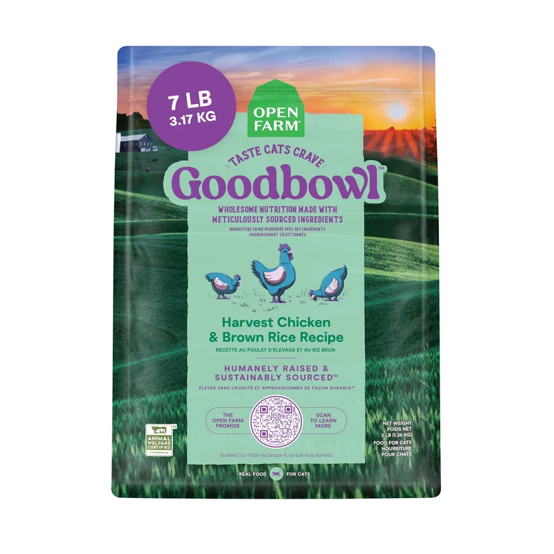 Open Farm Goodbowl – Croquettes pour chat riches en protéines, ingrédients simples et sourcés – Poulet et riz brun – Sac 7 lb