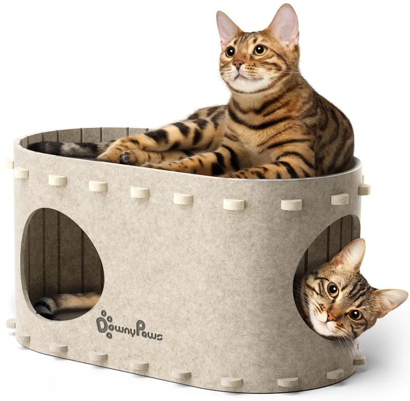 DownyPaws PeekaPurr Cabane pour Chats d’Intérieur – Couchage-Caverne jusqu’à 10 kg, Résistante aux Griffes, Pliable, Crème