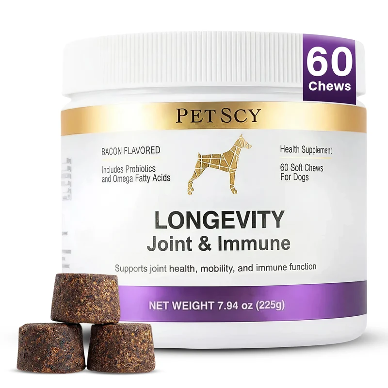 Petscy Longevity – Friandises pour chiens (60 bouchées) Soutien articulation et immunité – Petits et moyens