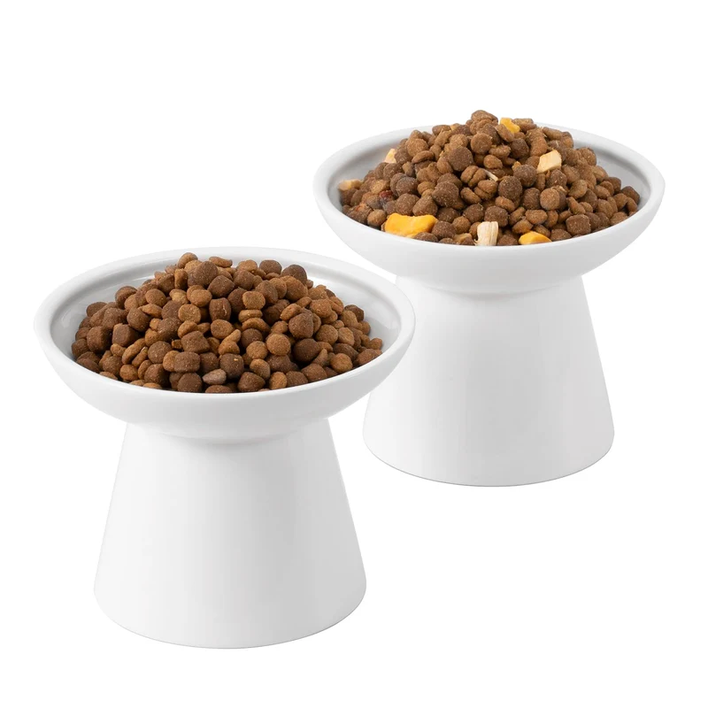 CEEFU Bol Chat Surélevé en Céramique — Large et Peu Profond, Pack de 2, Blanc