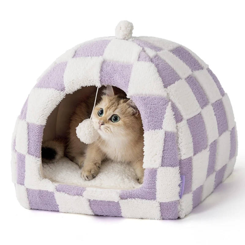 LE SURE Caverne pour Chat 2 en 1 — Lit pour Chatons et Petits Animaux, Coussin Lavable, Antidérapant, Violet, 16 pouces