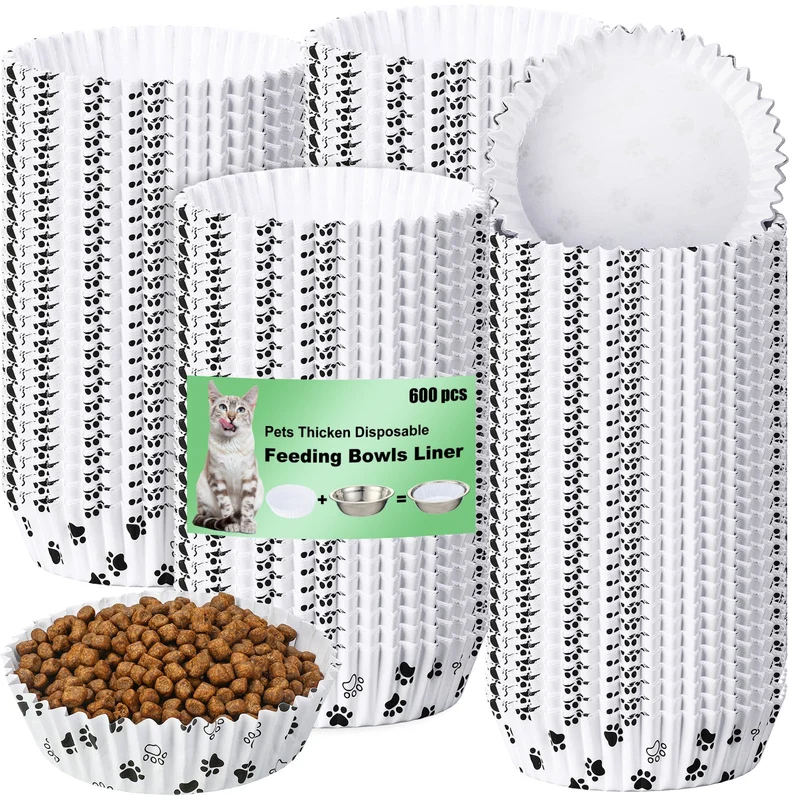 Meekoo – 600 Doublures jetables pour gamelles d’animaux (blancs, motif patte) – Chats et petits chiens