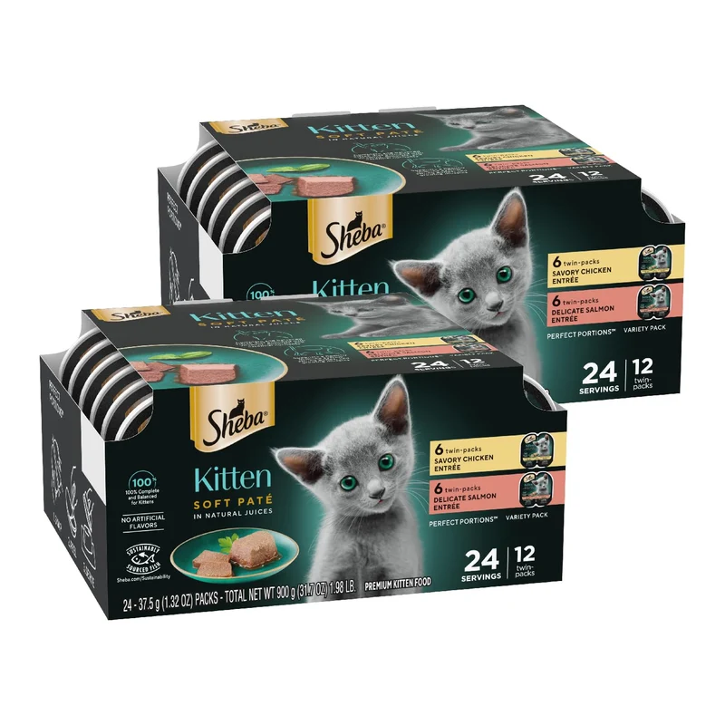Sheba Portions Parfait Chaton – Pâté Humide pour Chaton (Poulet et Saumon), Lot de 2 Barquettes de 12 Portions (24 portions)
