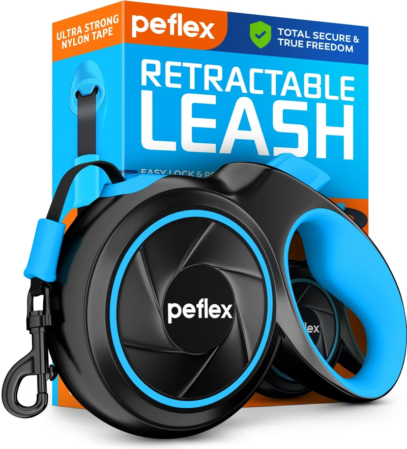 PeFlex Longe Rétractable pour Chien – 16,4 pieds, 360° – Frein à un Clic et Poignée Ergonomique