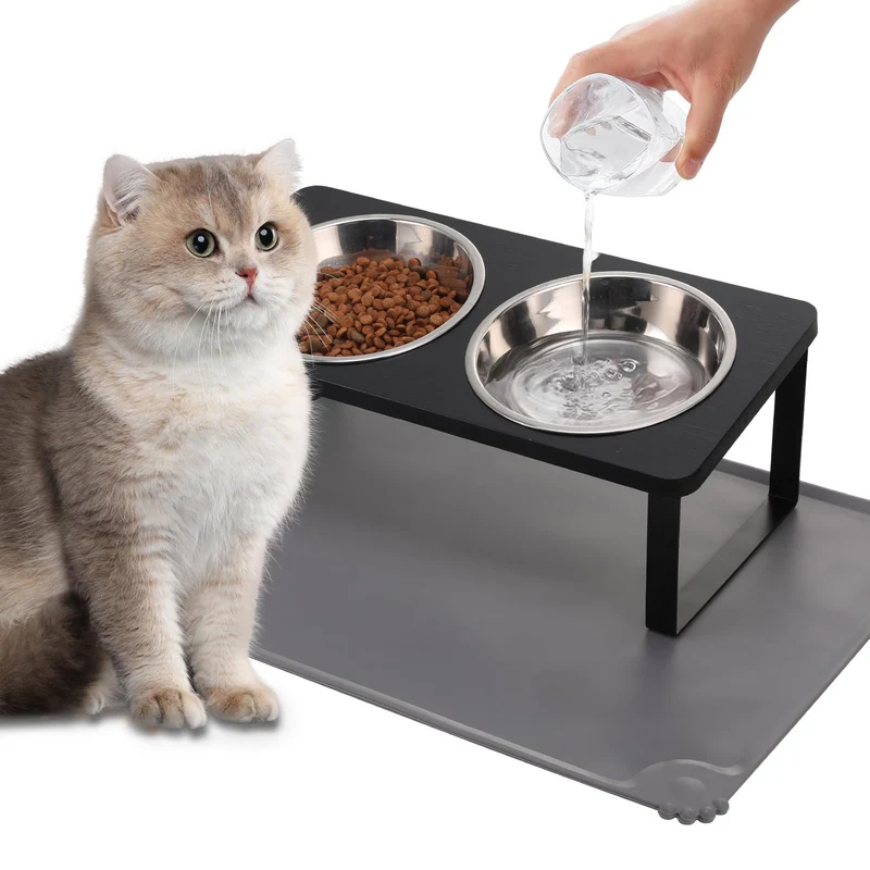 Summark – Bol surélevé pour chats avec tapis, inclinaison de 15°, 2 bols inox – Noir