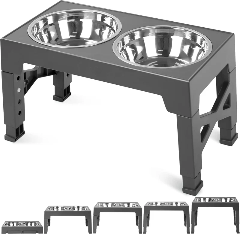 Niubya Gamelles Inox Élevées pour Chien – 2 Bols, 5 Hauteurs Ajustables (3,15–12,2 po)