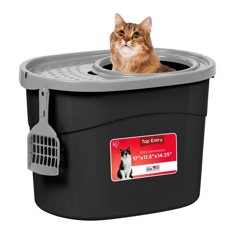 IRIS USA – Bac à litière pour chat à entrée par le haut, couvercle, anti-odeur et pelle incluse (Noir/Gris)