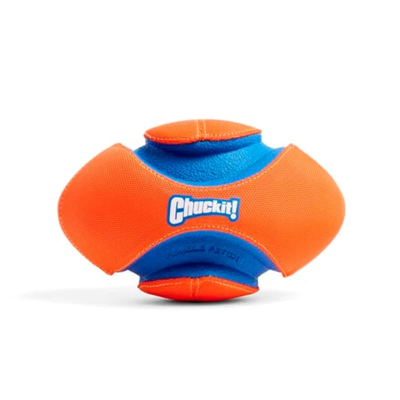 Chuckit! Fumble Fetch Football pour chien – Jouet interactif intérieur/extérieur, rainures faciles à saisir, caoutchouc durable et flottant – Petit, orange et bleu