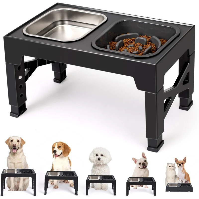 Niubya Gamelles surélevées pour chien — Bol inox, ralentisseur et 5 hauteurs ajustables